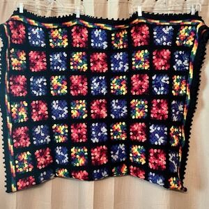 Granny Square Roseanne Black Multicolor Afghan Throw Blanket 76"x50" Crochet VTG